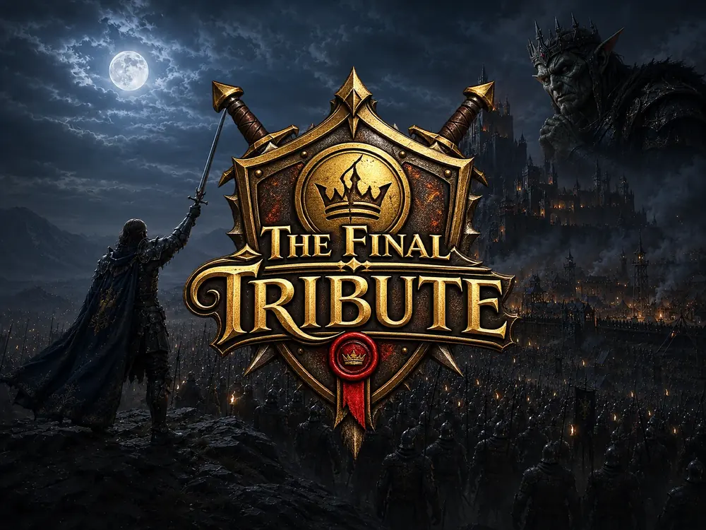 The Final Tribute key art: a pixel art medieval village and castle keep under a dramatic sky, ruled by a founder facing tribute demands