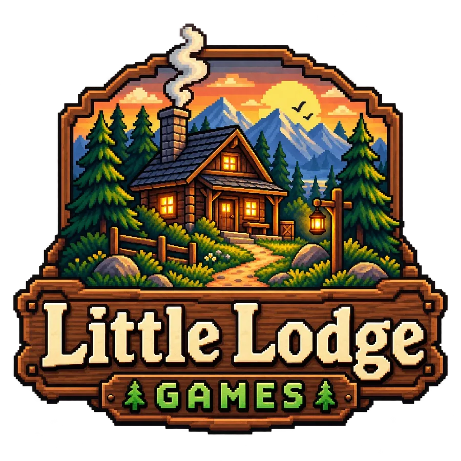 Little Lodge Games lodge emblem at sunset