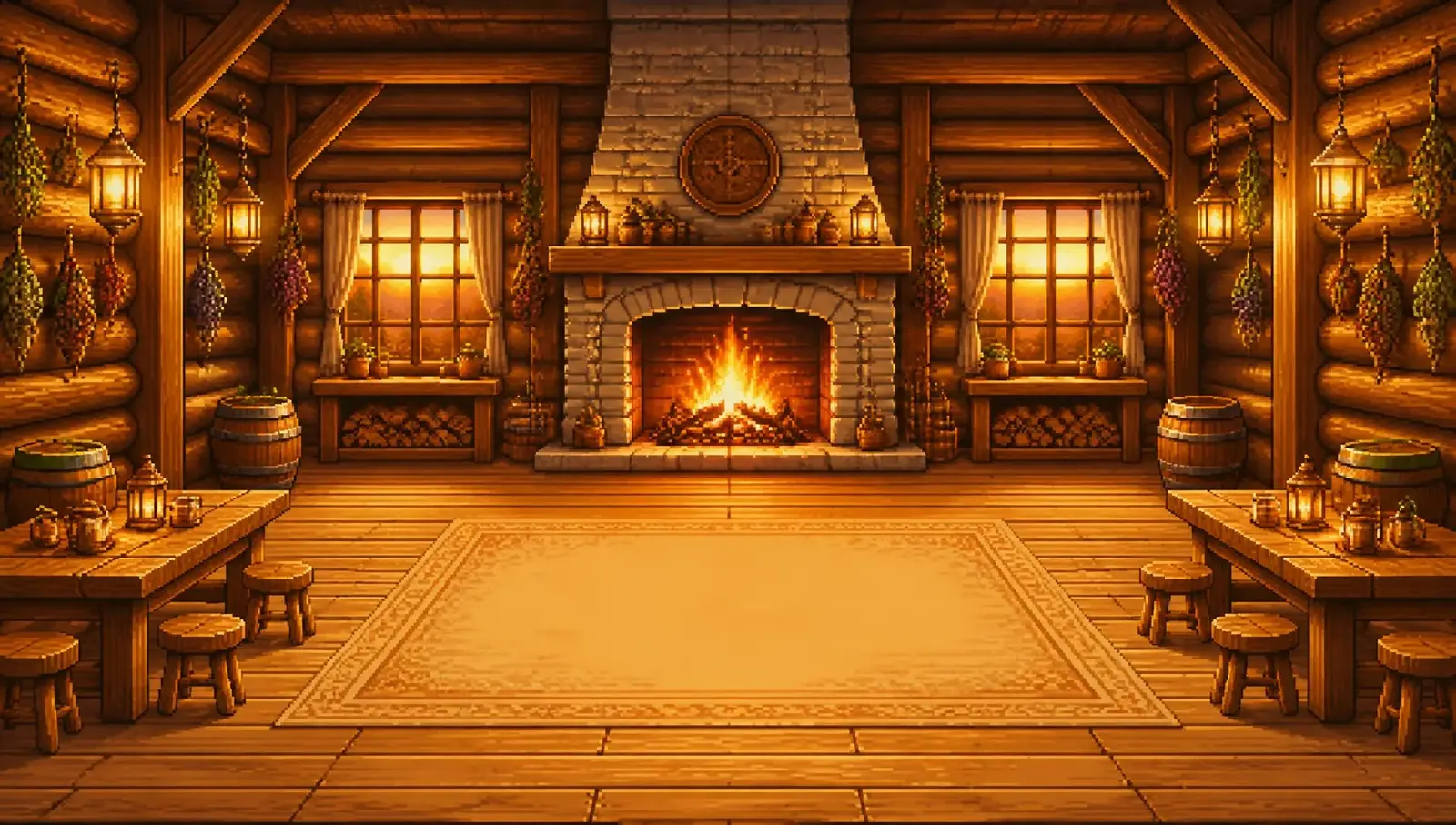 Pixel art tavern interior with a stone hearth and timber walls